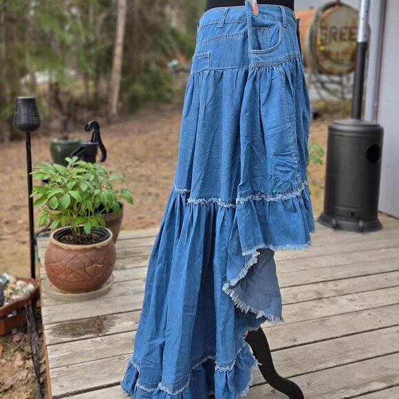 GOTH BOHEMIAN BLUE DENIM RUFFLE IRREGULAR HEM HIGH LOW SKIRT 2x 18 20 - Picture 5 of 16